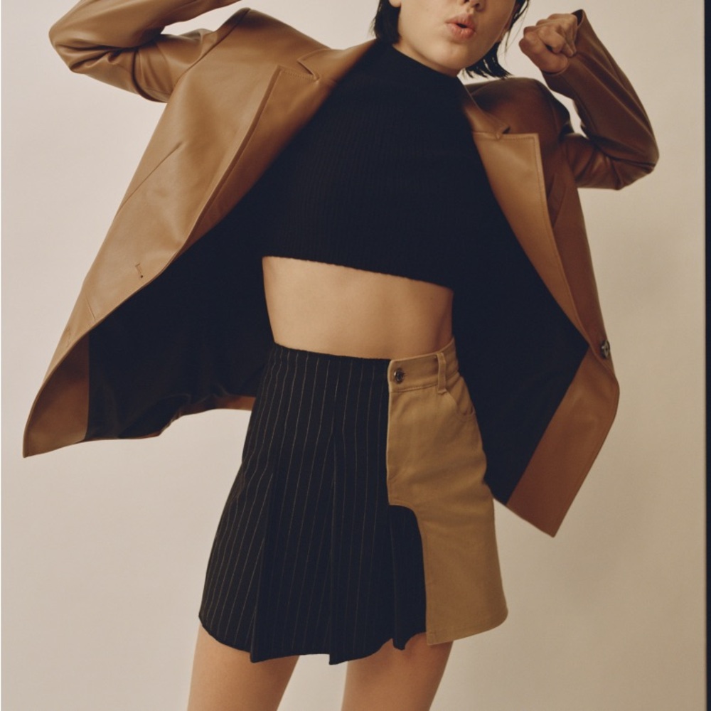 Bershka Mixed Material Khaki Pinstripe Mini Skirt Size Small